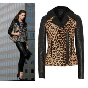 A.L.C Lee Asymmetric Leopard Print Calf Hair /Black Leather Jacket